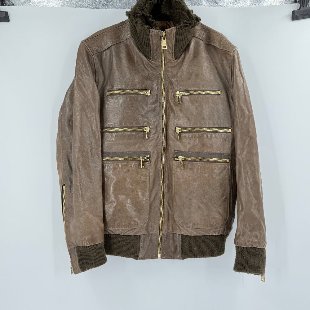 K&C Men's Limited Edition Premium Genuine Leather Bomber Jacket in brown, Size M